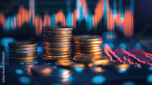 Stacks of gold coins in front of a blurred stock market chart, symbolizing financial success and investment.