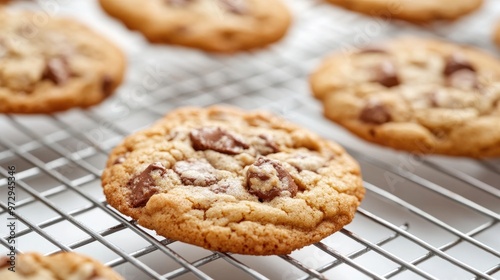 A freshly baked cookie cooling on a wire rack, with the background kept white to focus on the cookie texture and the cooling process.