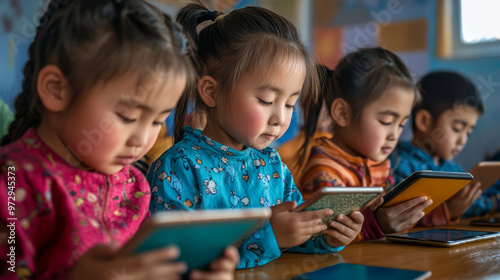 Mongolian students using tablets in a modern classroom, digital learning in a rapidly developing country