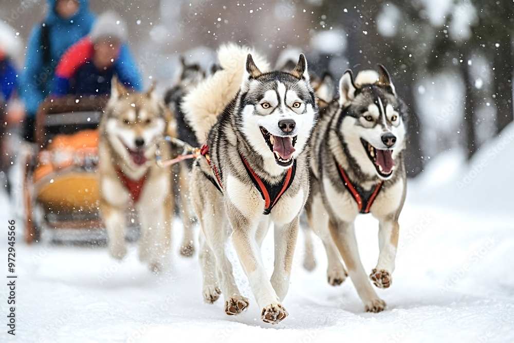 Powerful alaskan huskies pulling a sled through a snowy forest during a winter race. Mushers are driving the sled behind the dogs Powerful alaskan huskies pulling a sled through a snowy forest during a winter race. Mushers are driving the sled behind the dogs