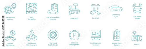 Tire Pressure Monitor, GPS Navigation, Car Maintenance Checklist, Road Map, Car Wash, Underbody Lights, Car Alarm System, Auto Air Conditioner, Dashboard Warning Lights vector icon set
