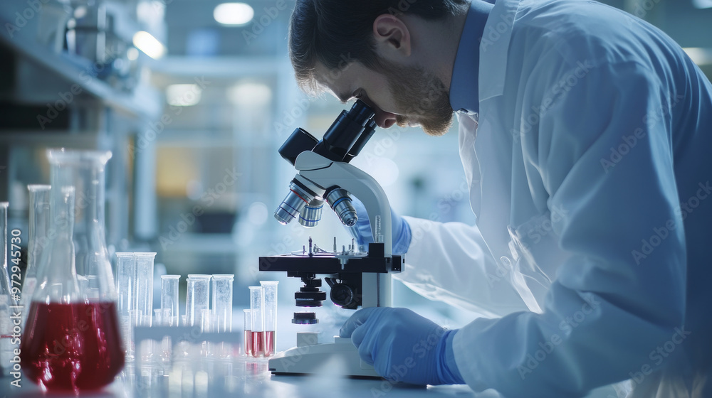 Close-up of a scientist using a microscope in a pharmaceutical research lab