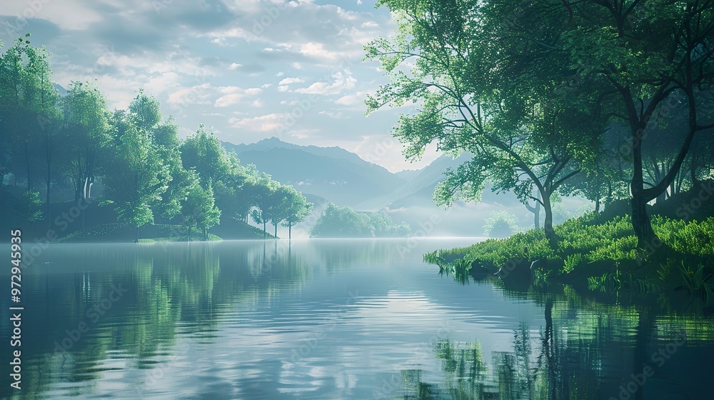Serene lake with misty morning light, lush green trees reflecting in the water. Serene lake with misty morning light, lush green trees reflecting in the water.