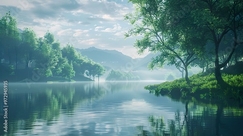 Serene lake with misty morning light, lush green trees reflecting in the water.