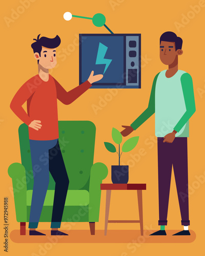 A roommate reminds their housemate to turn off the TV before leaving for work making energy conservation a team effort.. Vector illustration