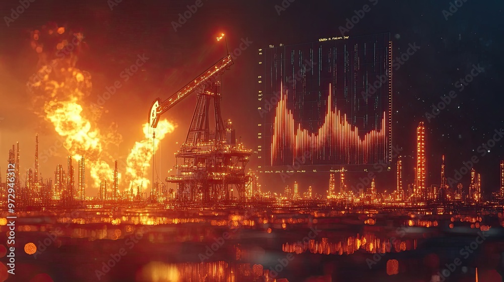 40. Oil price surge visualized, with a pumping oil rig, flames coming from a refinery, and a digital graph showing prices skyrocketing 40. Oil price surge visualized, with a pumping oil rig, flames coming from a refinery, and a digital graph showing prices skyrocketing