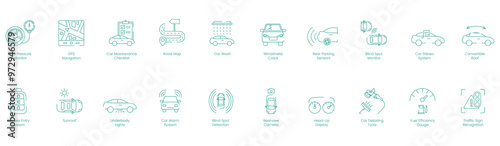 Tire Pressure Monitor, GPS Navigation, Car Maintenance Checklist, Road Map, Car Wash, Windshield Crack, Rear Parking Sensors, Blind Spot Monitor, Car Stereo System, Convertible Roof vector icon set