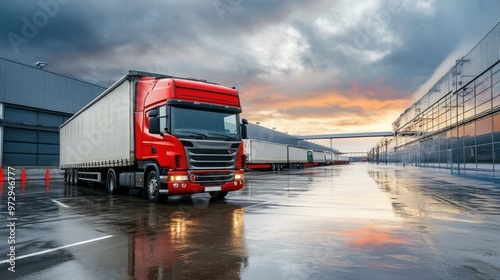 Distribution center with parked trucks in a wet parking lot after rain