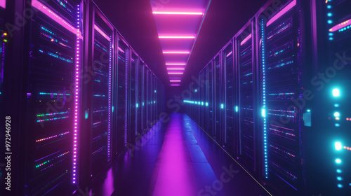 Futuristic data center with rows of servers and LED lighting