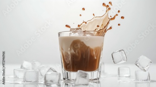 Iced Americano with Cold Milk Splash, Glistening Ice Cubes on White Background, Sharp Contrast of Deep Brown Coffee and Pure White.