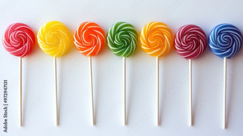 A group of lollipops arranged in a rainbow pattern on a white surface, showcasing a variety of colors and flavors in a visually appealing display.