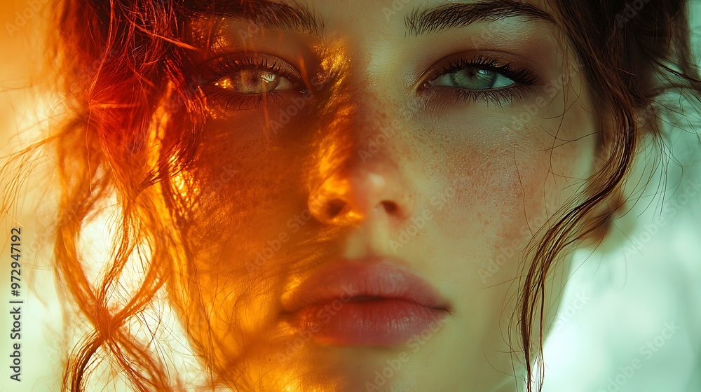 A young woman with red hair glows in golden light, her close-up portrait full of warmth and intensity. A young woman with red hair glows in golden light, her close-up portrait full of warmth and intensity.
