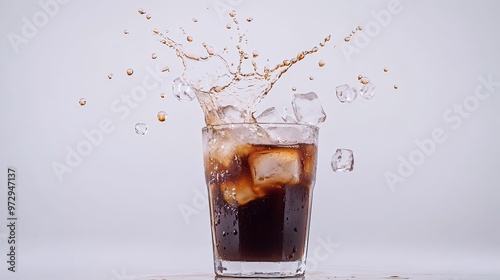 Iced Americano with Cold Milk Splash, Glistening Ice Cubes on White Background, Sharp Contrast of Deep Brown Coffee and Pure White.
