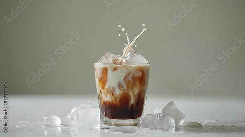 Iced Americano with Cold Milk Splash, Glistening Ice Cubes on White Background, Sharp Contrast of Deep Brown Coffee and Pure White.
