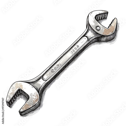 Adjustable spanner isolated on white background. Hand drawn illustration.