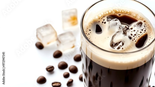 Iced Americano with Cold Milk Splash, Glistening Ice Cubes on White Background, Sharp Contrast of Deep Brown Coffee and Pure White.