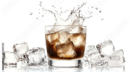 Iced Americano with Cold Milk Splash, Glistening Ice Cubes on White Background, Sharp Contrast of Deep Brown Coffee and Pure White.