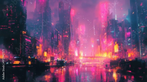 Abstract digital art of a cyberpunk-themed city with a blend of neon lights and dark shadows.