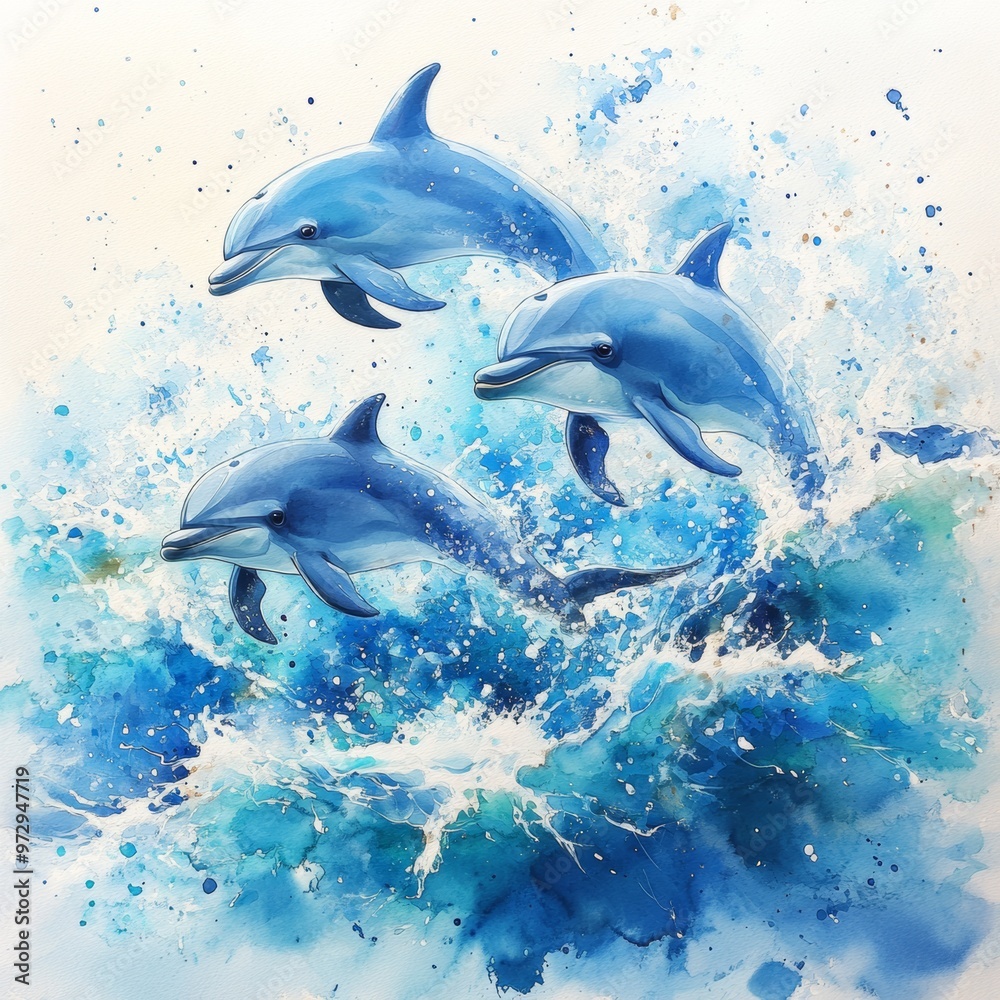 Obraz premium Watercolor Painting of Dolphins Jumping Out of the Ocean