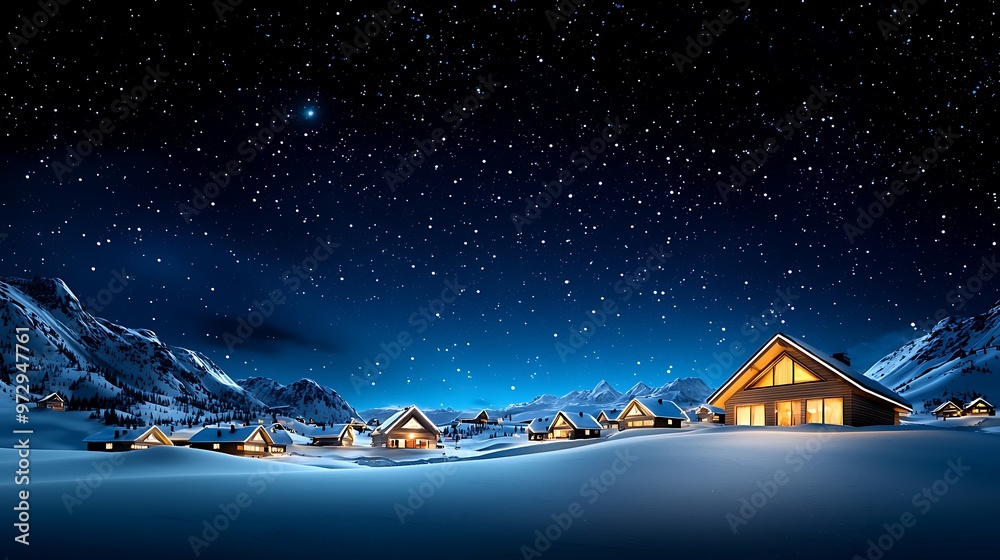 Naklejka premium A village of cozy cabins rests under a snowy mountain sky, stars twinkling overhead in a scene of serene beauty.