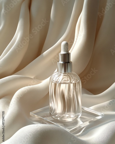 A glass bottle of serum with a dropper on a white surface, surrounded by flowing white fabric. photo