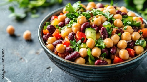 A healthy bean salad with a mix of chickpeas, black beans, and kidney beans, garnished with fresh vegetables and herbs, served in a colorful bowl.