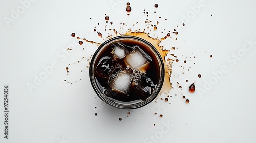 Iced Americano with Cold Milk Splash, Glistening Ice Cubes on White Background, Sharp Contrast of Deep Brown Coffee and Pure White.