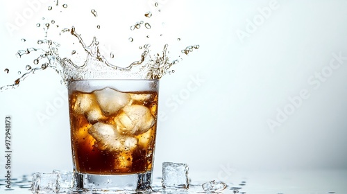Iced Americano with Cold Milk Splash, Glistening Ice Cubes on White Background, Sharp Contrast of Deep Brown Coffee and Pure White.