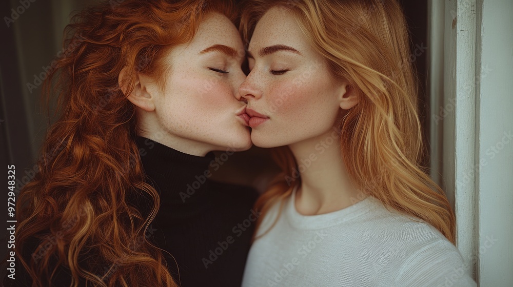Naklejka premium Two women with red hair share an intimate kiss, while standing closely and displaying tender expressions on their faces