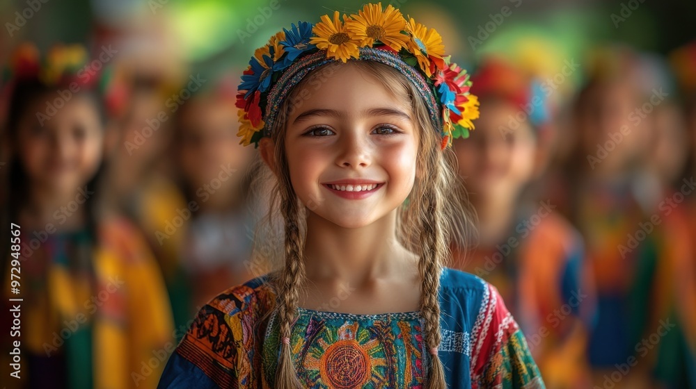 A smiling girl in traditional attire with floral accessories.