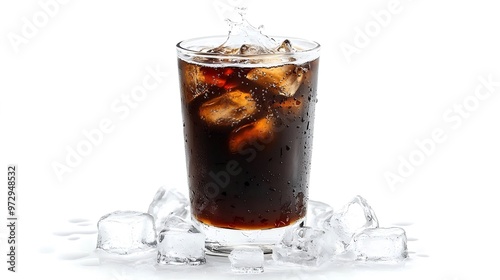 Iced Americano with Cold Milk Splash, Glistening Ice Cubes on White Background, Sharp Contrast of Deep Brown Coffee and Pure White.