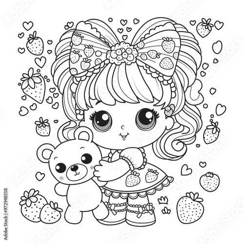 Cute girl holding a teddy bear. Coloring page for kids. Art therapy.
