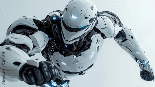 A detailed digital illustration of a futuristic robot in a dynamic action pose.