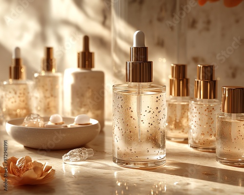 A group of glass bottles with droppers filled with clear liquid and gold flakes, arranged on a table with natural light. photo