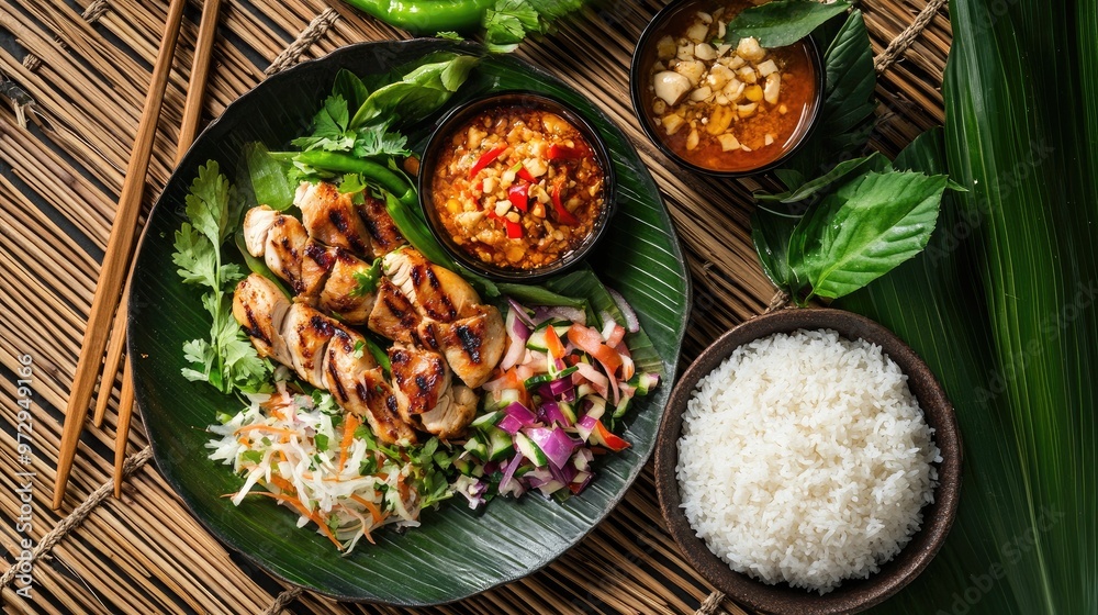 A high-angle view of a traditional Thai meal with grilled chicken, a colorful serving of Som Tum, and accompaniments like sticky rice and fresh herbs, set on a bamboo mat. A high-angle view of a traditional Thai meal with grilled chicken, a colorful serving of Som Tum, and accompaniments like sticky rice and fresh herbs, set on a bamboo mat.