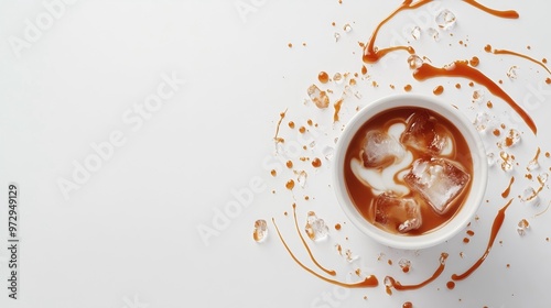 Iced Americano with Cold Milk Splash, Glistening Ice Cubes on White Background, Sharp Contrast of Deep Brown Coffee and Pure White.