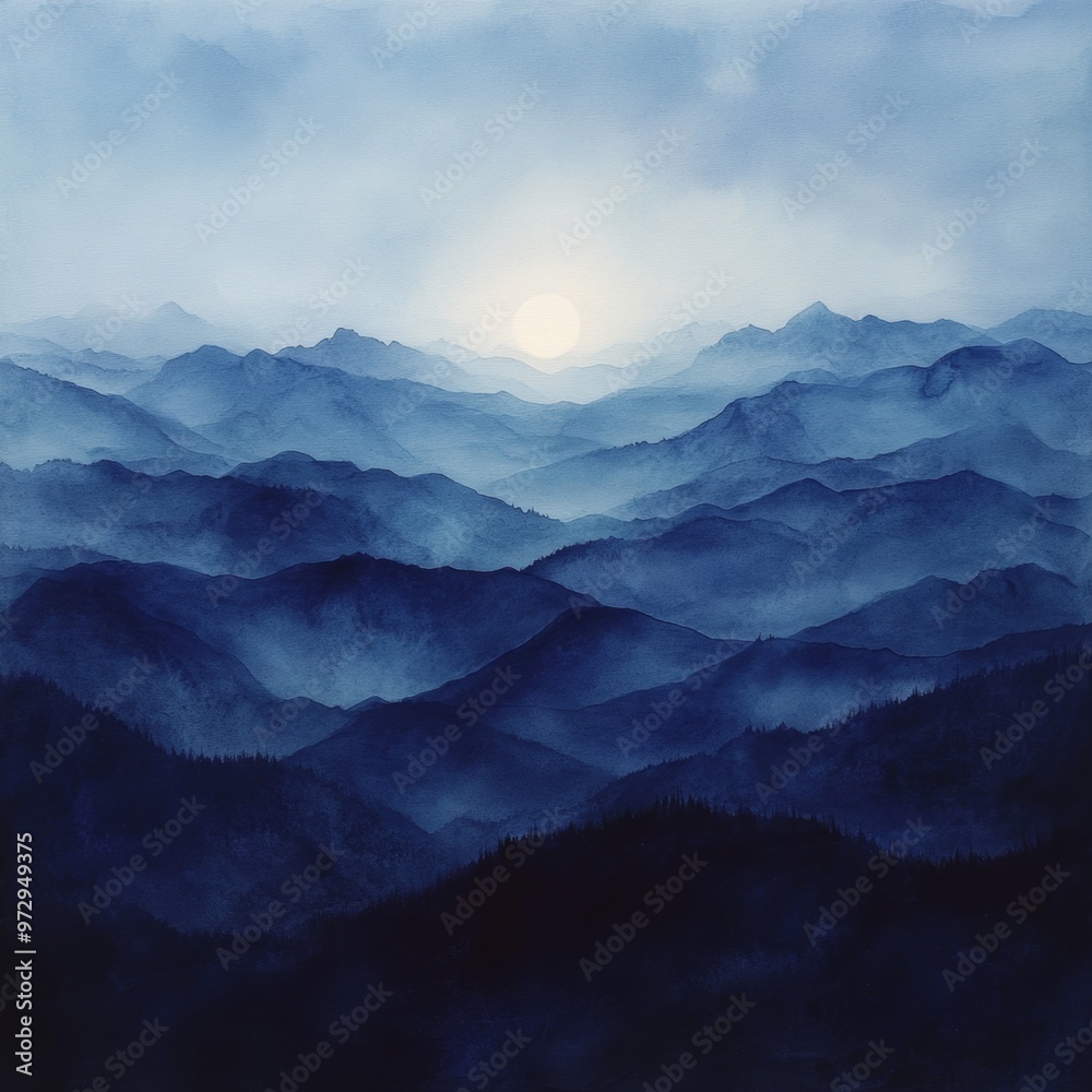 Fototapeta premium Blue Mountain Range Watercolor Painting Landscape