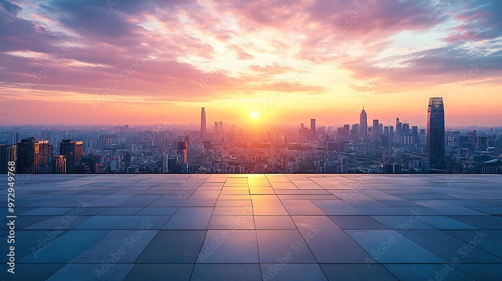 A panoramic view of a city skyline at sunset, with the sun peeking through clouds, reflecting on the tiled floor in the foreground. A panoramic view of a city skyline at sunset, with the sun peeking through clouds, reflecting on the tiled floor in the foreground.