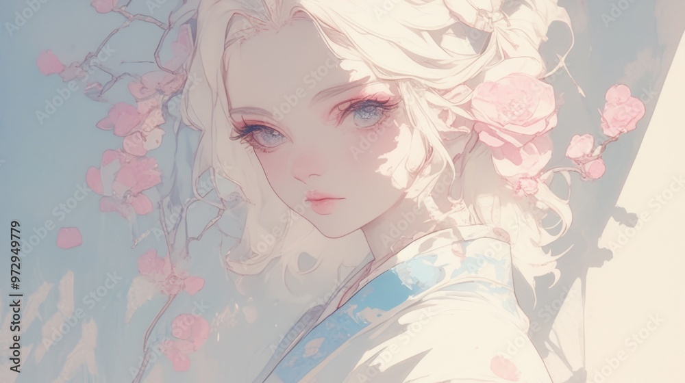 Beautifully illustrated woman with flowing white hair, pink flowers, and an ethereal, serene expression in soft colors Beautifully illustrated woman with flowing white hair, pink flowers, and an ethereal, serene expression in soft colors