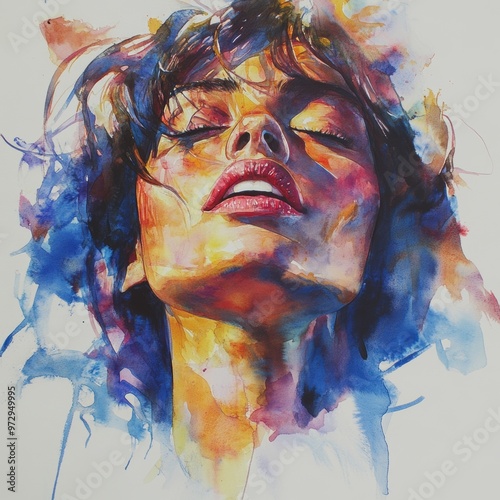 Abstract Watercolor Portrait of a Woman with Closed Eyes