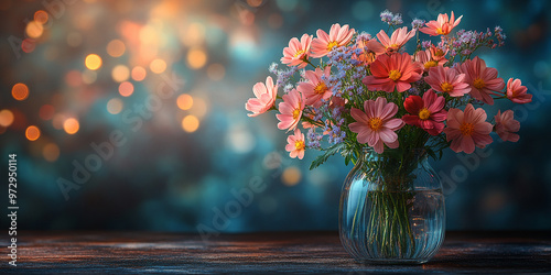 Colourful arrangement of garden flowers in glass vase