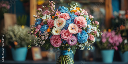 Colourful arrangement of garden flowers in glass vase