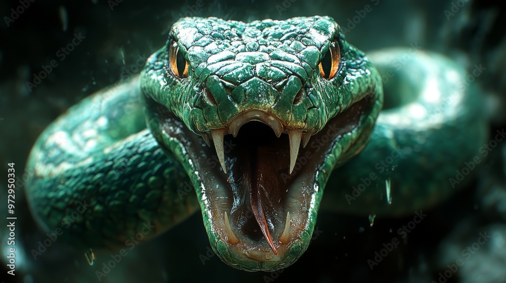 Close-up image of a fierce green snake with an open mouth, revealing sharp fangs and vivid, intense eyes Close-up image of a fierce green snake with an open mouth, revealing sharp fangs and vivid, intense eyes