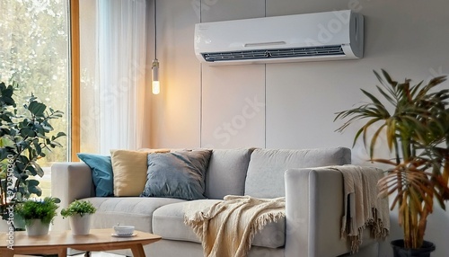 A modern, minimalist living room features a light grey sofa positioned against a white wall, beneath a mounted air conditioner.