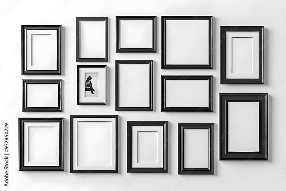 Realistic picture frame mockup black border set. Isolated Black pictures frames mock-up. Home decoration, photography presentation, blank frame mockups. Vector illustration. Generative Ai.