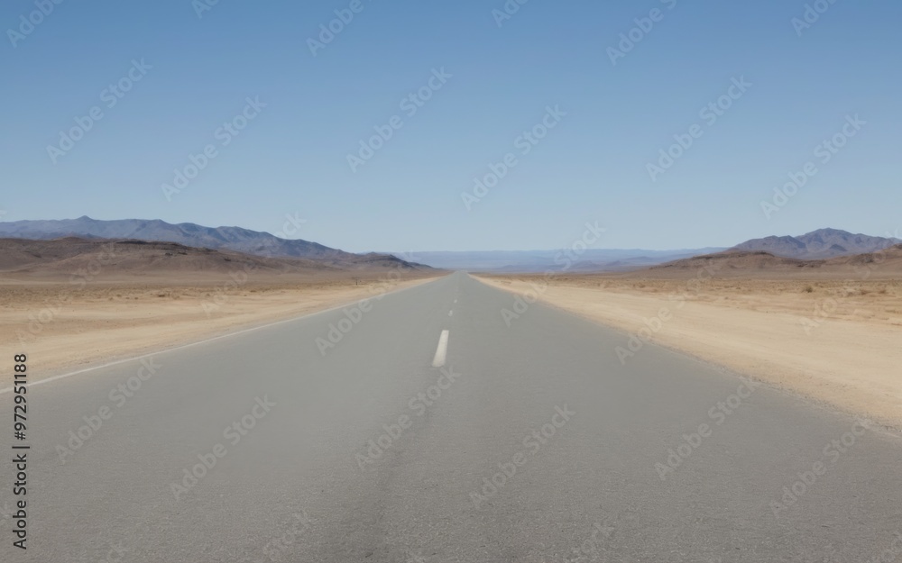 Fototapeta premium Desolate Desert Road Stretching Into Distance with Clear Blue Sk