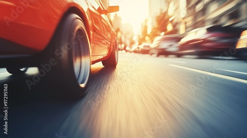 A dynamic view of a speeding car on a city street during sunset.