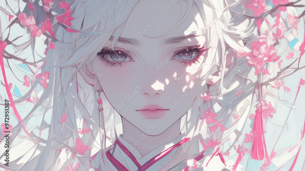 Detailed drawing of a serene, fair-skinned woman with pink flowers in her flowing white hair Detailed drawing of a serene, fair-skinned woman with pink flowers in her flowing white hair