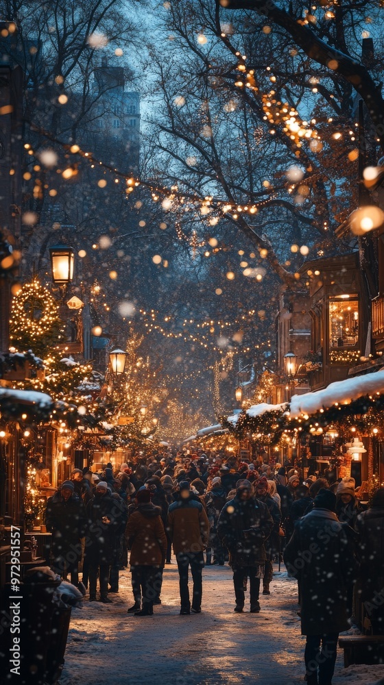 Obraz premium Festive, bustling street market at dusk, adorned with twinkling lights, decorations, and snow, creating a magical winter atmosphere