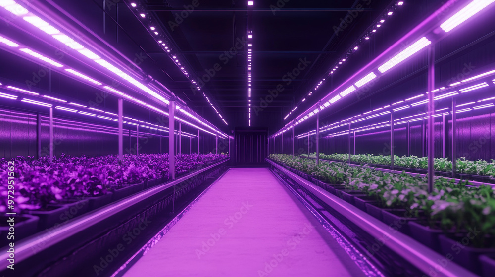 Fototapeta premium A computer-generated image shows a modern greenhouse with purple lights. Inside, plants grow using a water-based system, making a green salad farm.